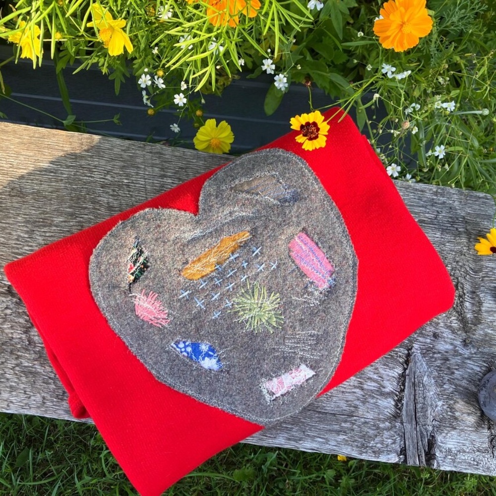 One-of-a-Kind Reworked Red Sweatshirt • Wool Mended Heart - Picture 4 of 4